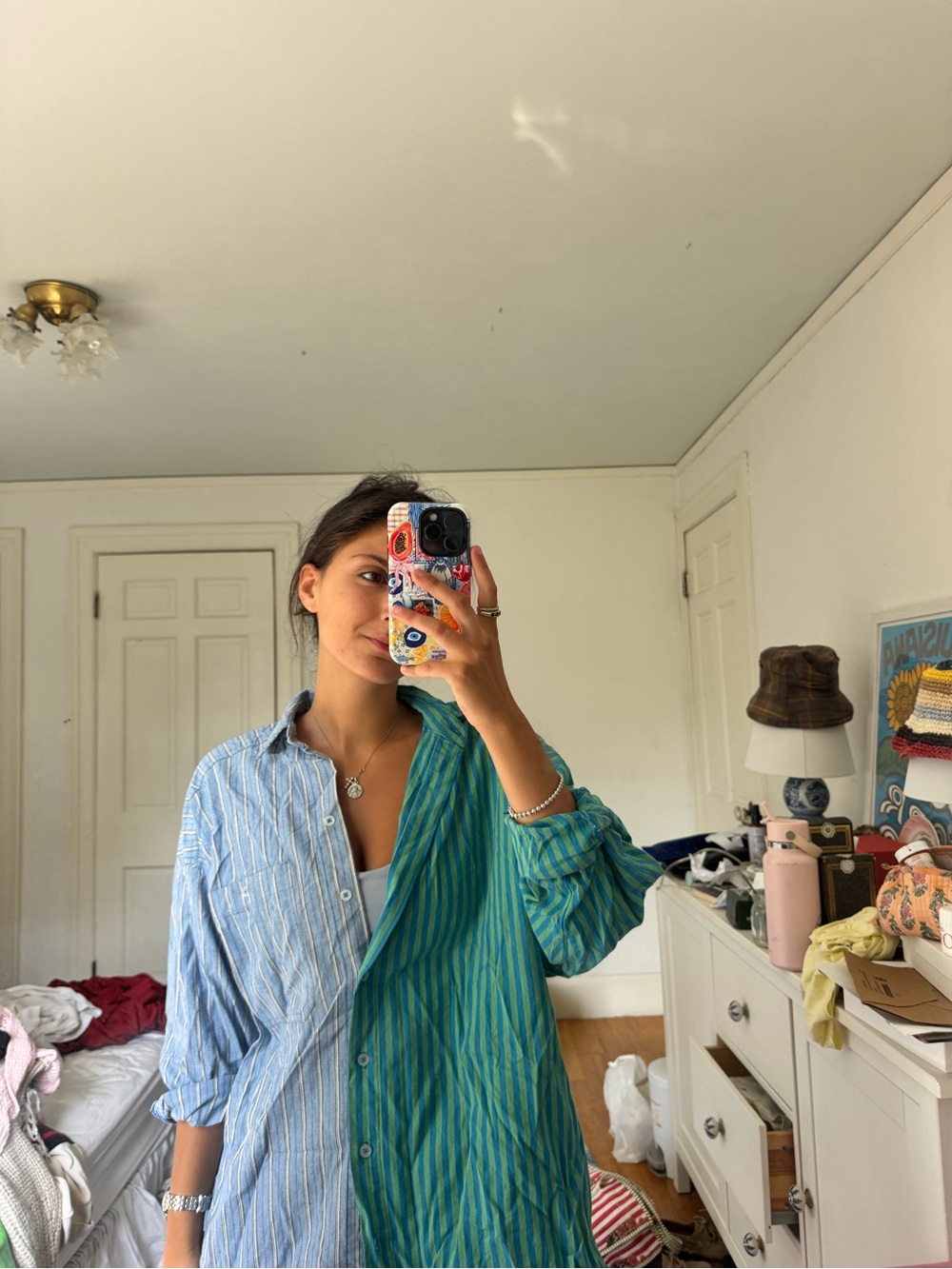 BDG Two-Tone Blue & Teal Striped Button-Up Oversized Shirt